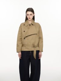 Women's Short Trench Coat, Double-Breasted Khaki Jacket with Belted Waist and Stand Collar