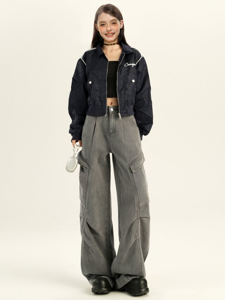 Women's Wide-Leg Cargo Jeans - Heavy-Duty American Style with Pocket Detail, Summer Loose Pants