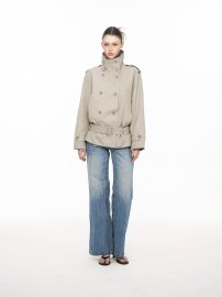 Women's Short Trench Coat, Oversized Double-Breasted Jacket with Mandarin Collar in Cool Colors