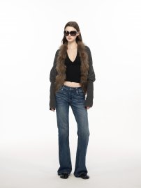 Women's Oversized Knit Cardigan with Genuine Racoon Fur Collar